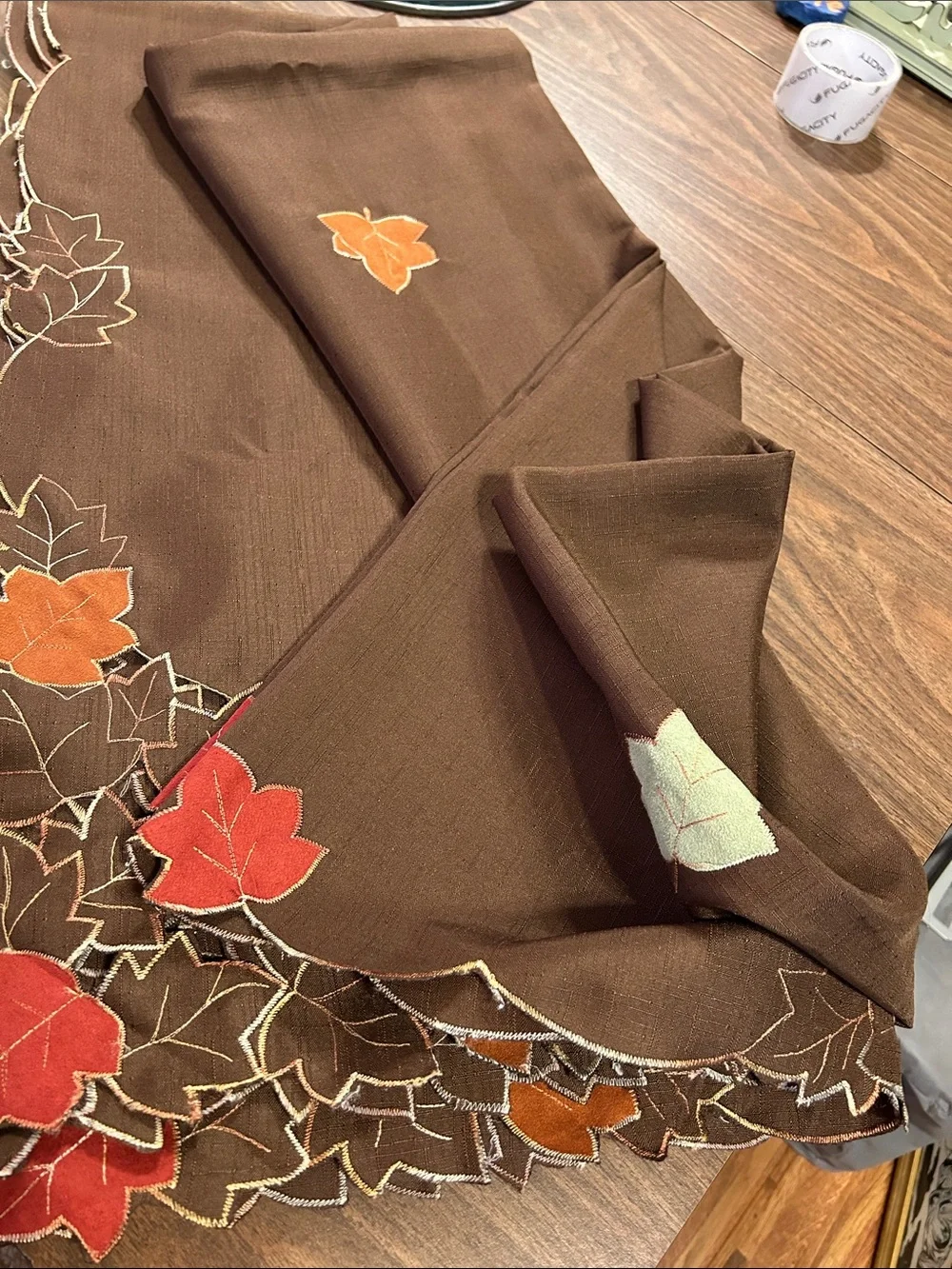 Autumn Leaf Embroidered Brown Table Cloth - Fall Leaf Accents